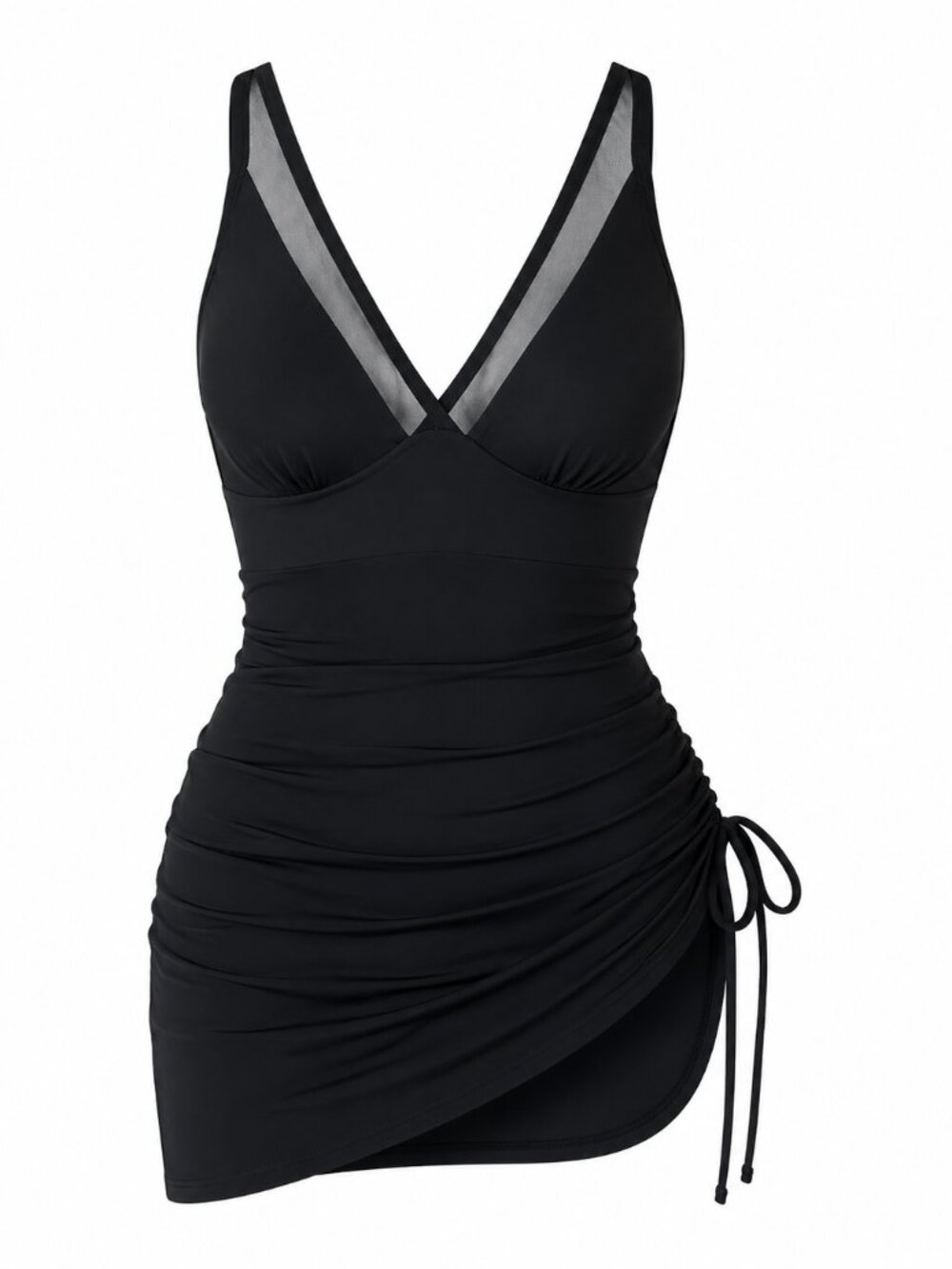 Black Mesh-Trim One-Piece Swimdress - Women's V-Neck XL